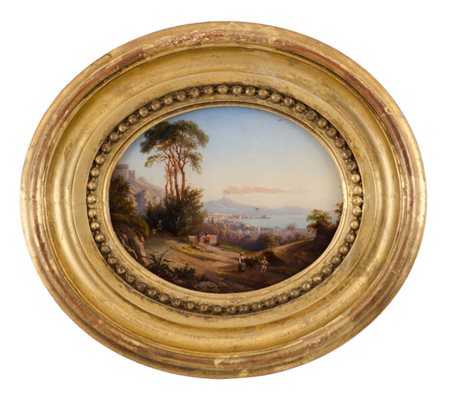 SCUOLA DI POSSILIPO FIXE ovale "campagna napoletana con veduta del golfo e...