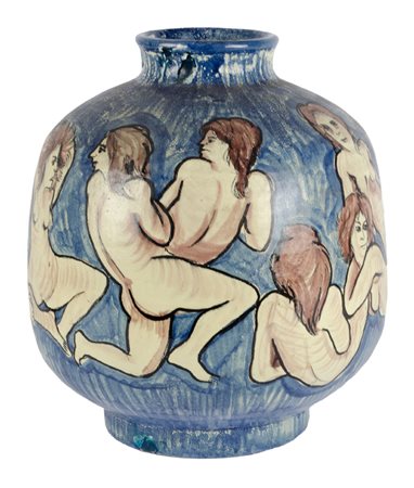 BOCCIA in ceramica smaltata e decorata raffigurante "nudi femminili" firmata...
