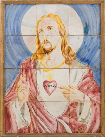 PANNELLO in maiolica dipinta composto da mattonelle raffiguranti "Sacro Cuore...