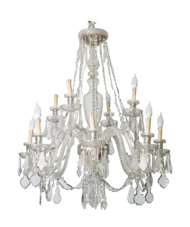 LAMPADARIO a dodici luci in vetro con brindoli. Italia primi '900 Misure: h...