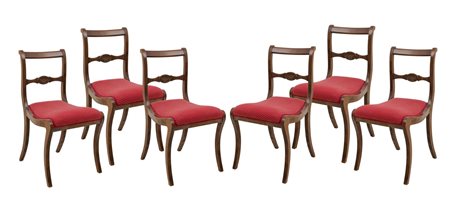 SEI SEDIE in mogano con tappezzeria bordeaux (seduta h cm 48). Italia primi...