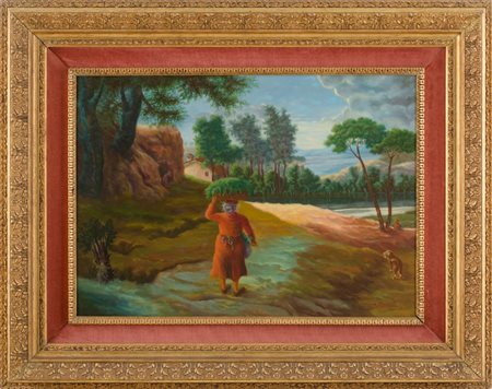 I. BARBARIESI OLIO su faesite "paesaggio con contadina" firmato in basso a...