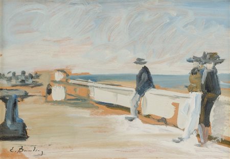 OLIO su cartoncino "lungomare con personaggi" firmato in basso a sinistra....