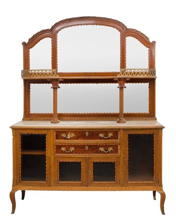 CREDENZA CON SPECCHIERA a due ante in mogano, noce e radica di tuja con...