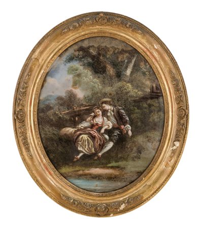 FIXE ovale raffigurante "paesaggio con scena galante" entro cornice coeva in...