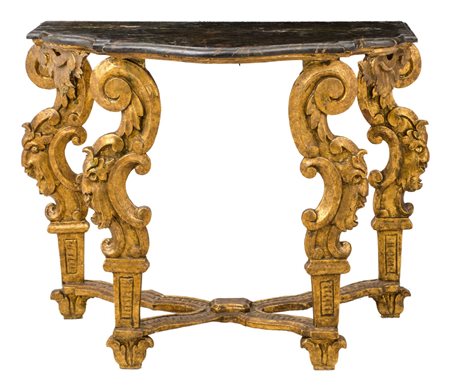 CONSOLE in legno intagliato e dorato con piano in legno laccato a finto...