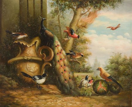 OLIO su tela "natura morta con volatili". XX secolo Misure: cm 51 x 61