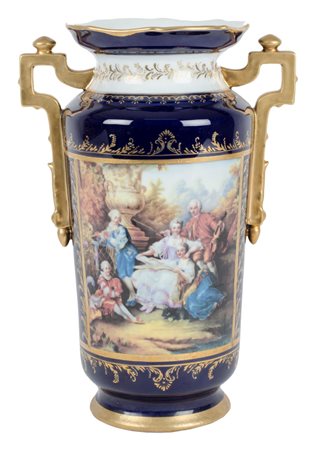 VASO in porcellana blu con decori e disegni a decalcolmanie raffiguranti...