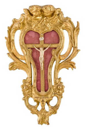 CRISTO in avorio (h cm 16) entro cornice in legno intagliato e dorato ad oro...