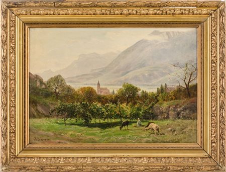 DESVARREUX OLIO su tela "paesaggio con contadina e caprette", firmato in...