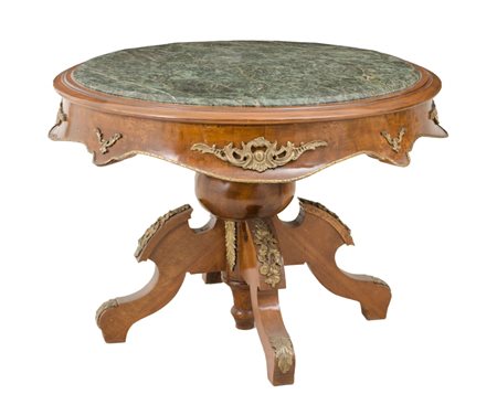 TAVOLINO da salotto in radica di tuja con fregi in bronzo e piano in marmo...