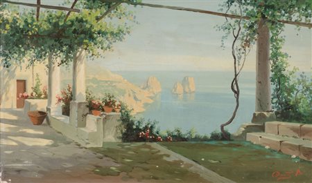 OLIO su tela "esterno di villa con veduta dei faraglioni di Capri". Primi...