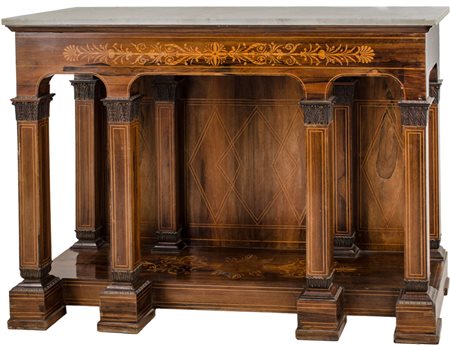 CONSOLE Carlo X in palissandro con tarsie in bosso, piano in marmo bianco di...