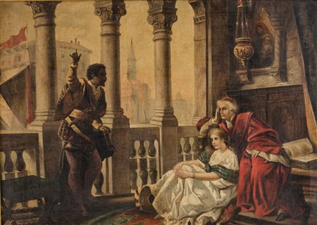 OLIO su tela "scena d'interno con cardinale e personaggi". Primi '900 Misure:...