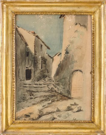 ACQUARELLO su carta "scorcio di paese con scalinata" entro cornice dorata....