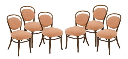 SEI SEDIE in faggio con seduta e spalliera in tessuto (seduta h cm 46). XX...