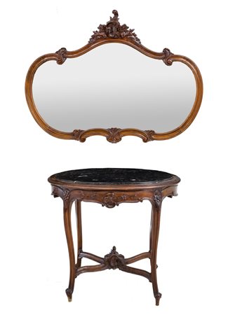 TAVOLINO da salotto in faggio con piano in marmo nero incassato e SPECCHIERA...