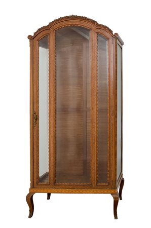 VETRINA ad un'anta in mogano, noce e legno di rosa con tarsie a disegno...