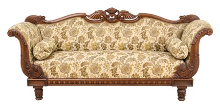 DIVANO Luigi Filippo in noce scolpito con tappezzeria a motivo floreale....