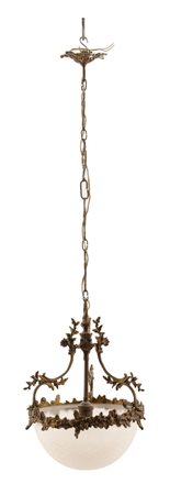 LAMPADARIO in bronzo brunito con boccia in vetro lavorata. Sicilia primi '900...