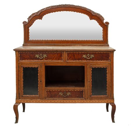 CREDENZA CON SPECCHIERA a due ante e due cassetti in mogano, noce e radica di...