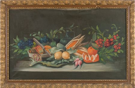 OLIO su tela "natura morta" entro cornice dorata. XX secolo Misure: cm 54 x 89