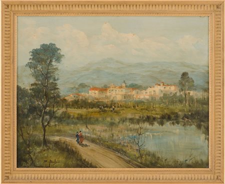 MIGLIARDI OLIO su tavoletta "la passeggiata vicino al lago", firmato in basso...