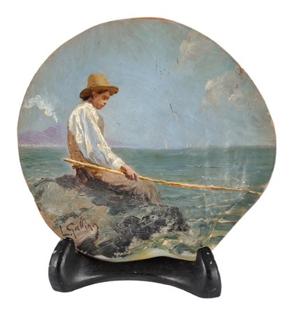 L. GALLIAVA CONCHIGLIA dipinta raffigurante "paesaggio marino con pescatore"....