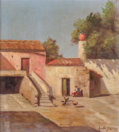DI GREGORIO OLIO su tela "esterno con caseggiato". Datato 1932 Misure: cm 55...