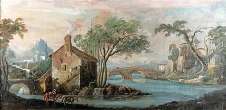 Giuseppe Latini Roma 1903-Roma 1972 Paesaggio con ponte e tempietto Tempera...