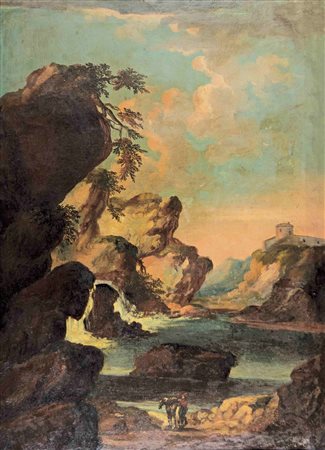 Anonimo del XVIII secolo Coppia di paesaggi con figure entro cornici coeve...