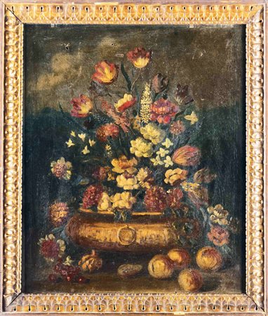 Anonimo del XIX secolo Natura Morta con vaso di fiori e frutta Olio su tela....