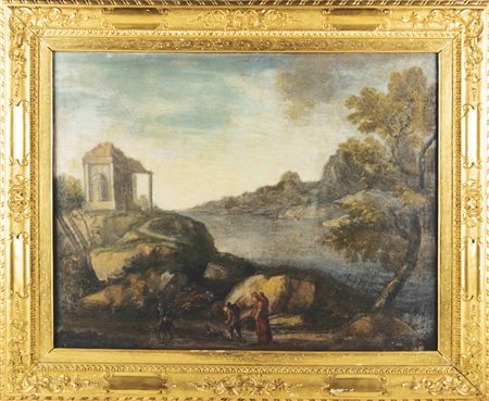 Anonimo del XIX secolo Paesaggio con Viandanti e tempietto Olio su tela....