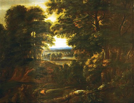 Anonimo del XVII secolo Paesaggio Seguace di Gaspard Dughet Olio su tela....