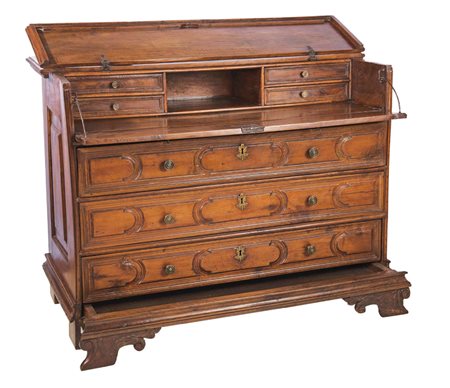 Cassettone a ribalta Bologna XVIII secolo Tre cassetti pannellati con cinque...