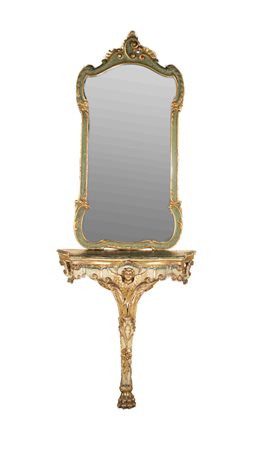 Console a mensola in legno intagliato e dorato a mecca, XVIII secolo Piano in...