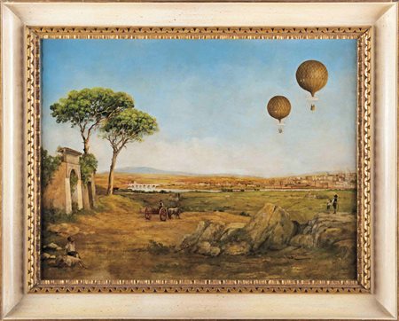 Anonimo del XIX secolo Palloni aerostatici sopra Roma, 1884 Olio su tela....