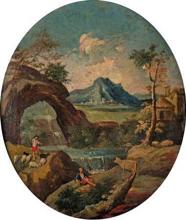 Scuola Italiana del XVIII secolo Paesaggi lacustri con personaggi Coppia di...