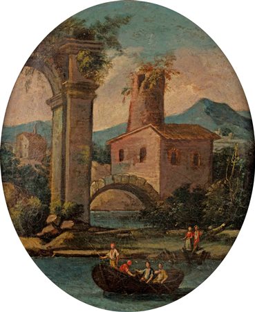 Scuola Italiana del XVIII secolo Paesaggi lacustri con personaggi Coppia di...