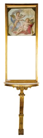 Coppia di consoles a demilune in legno intagliato e dorato a mecca Italia...