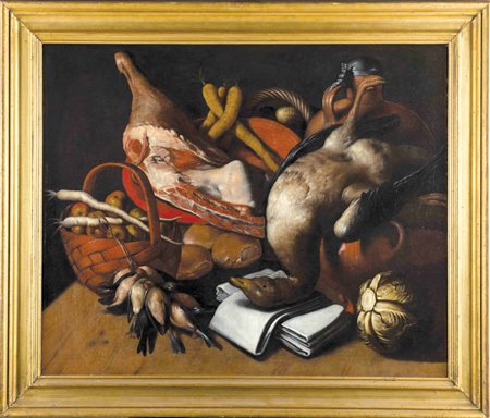 Anonimo del XVII secolo Natura Morta con cacciagione Olio su tela. Misure cm...