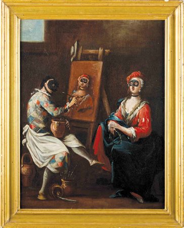 Scuola Toscana del XVIII secolo Arlecchino ritrae Colombina Olio su tela....