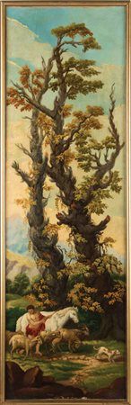 Anonimo del XIX secolo Cinque pannelli raffiguranti paesaggi con figure fine...