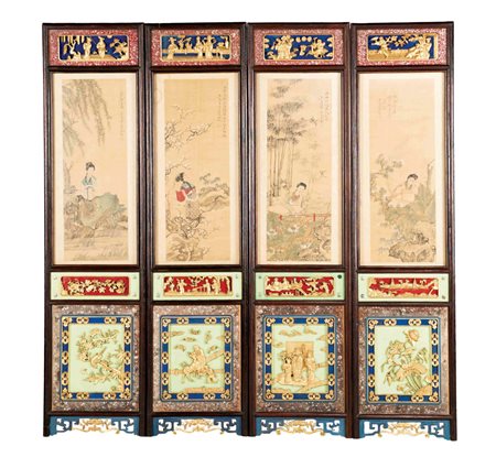 PICCOLO Paravento, CINA XX secolo a quattro ante in legno policromo con...