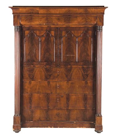 Secretaire con ribalta, interamente lastronato in piuma di mogano, Napoli XIX...