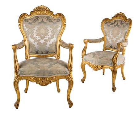 Coppia di Poltrone in legno intagliato e dorato, italia XIX secolo Braccioli...