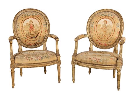 Coppia di poltrone stile Luigi XVI, Francia fine XIX secolo in legno...