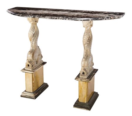 Console in marmo composta da delfini stilizzati che sorreggono un piano...