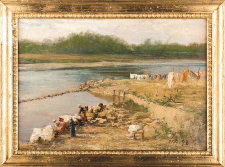 Lorenzo Delleani Pollone 1840-Torino 1908 Lavandaie al Fiume Datato in basso...