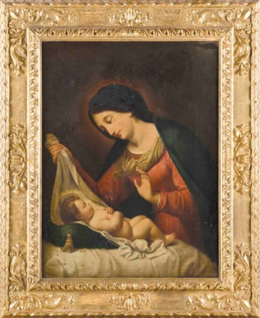 Scuola Emiliana del XVIII secolo Madonna con Bambino dormiente Olio su tela....